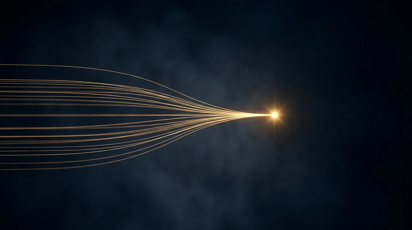 Gold light threads converging into a single point